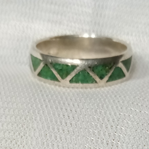 Malachite Gemstone Inlay Sterling Silver Unisex Band Sz 11 - Picture 4 of 10